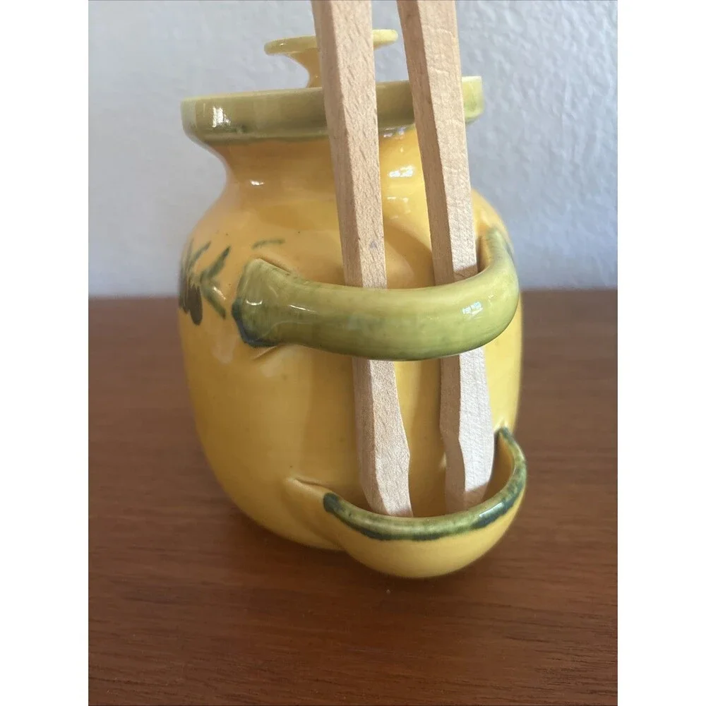 Olive Jar Pot with Wood Tongs LOU PIGNATIER Made In France Ceramic Pottery Rare
